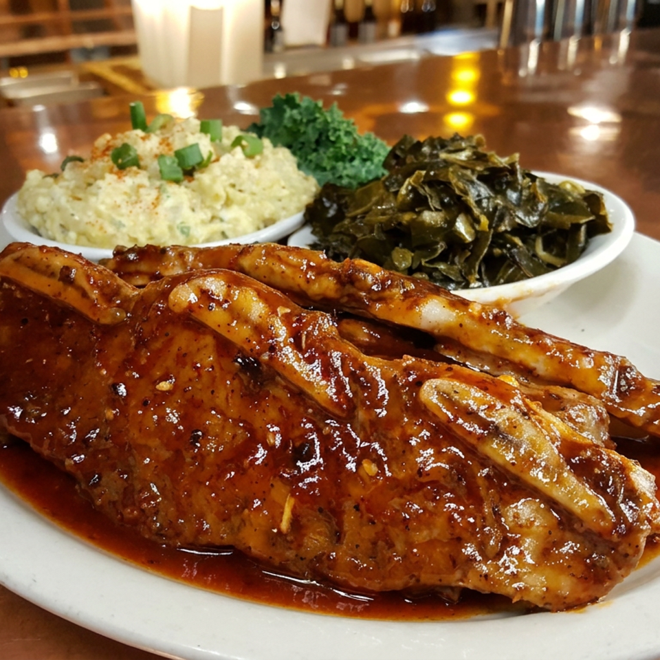 Glazed barbecue ribs with fries, mashed potatoes, and leafy greens on a white plate at a warmly lit restaurant table.