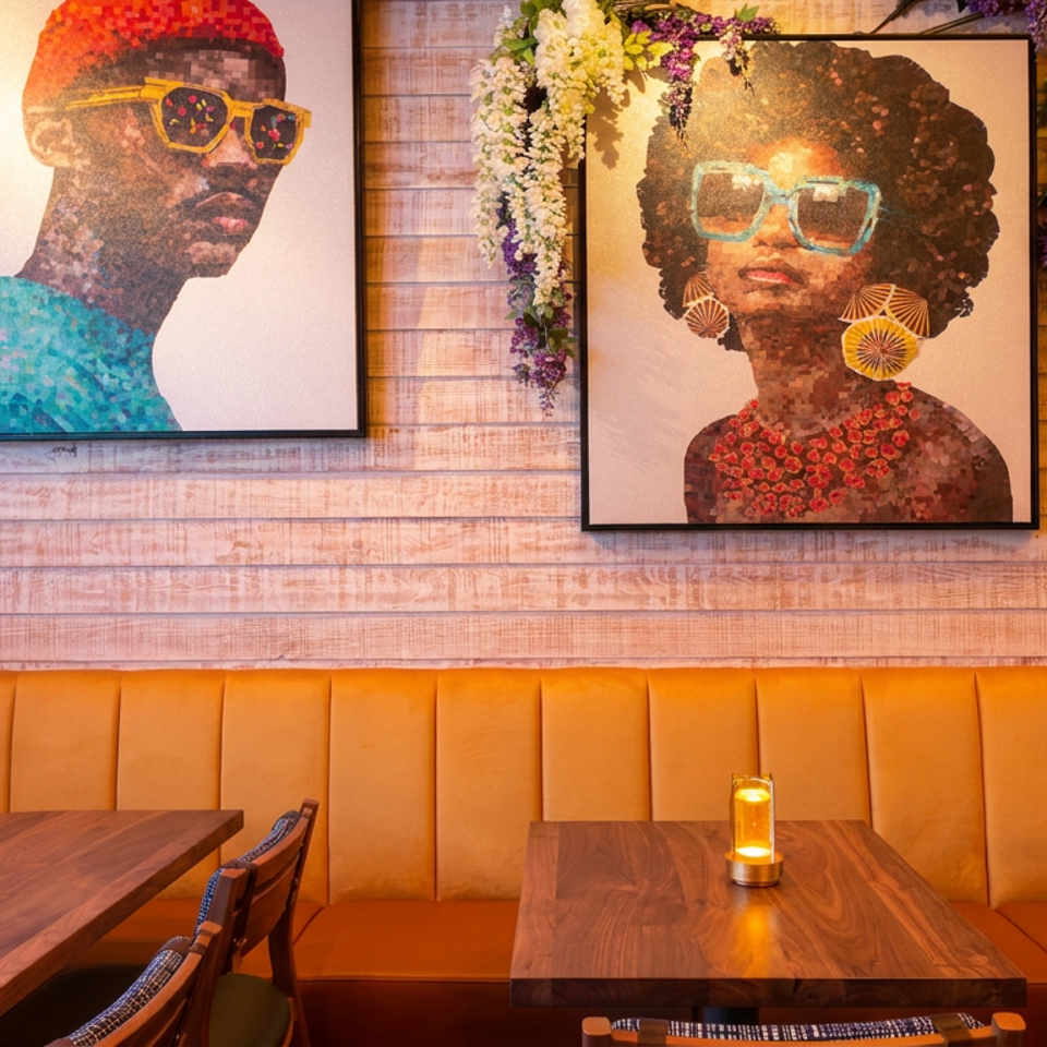Warm restaurant dining area with orange banquette seating, wooden tables, floral arrangements, and colorful portraits on a wood-paneled wall.