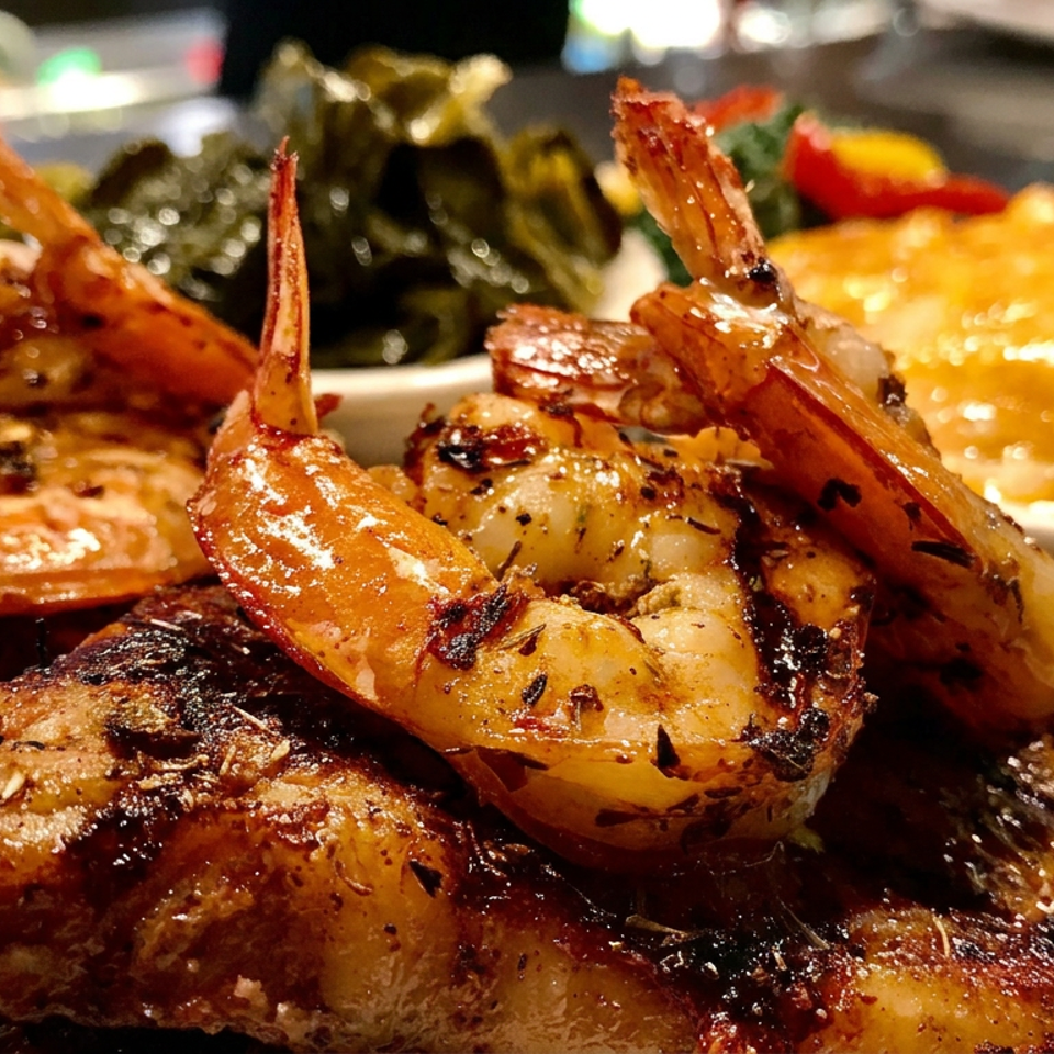 Grilled shrimp and seasoned seafood piled on a plate with leafy greens and cheesy potatoes in the background.