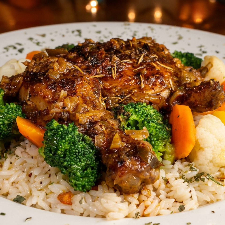 Glazed herb-seasoned chicken served over rice with broccoli, cauliflower, carrots, and peppers on a garnished plate.