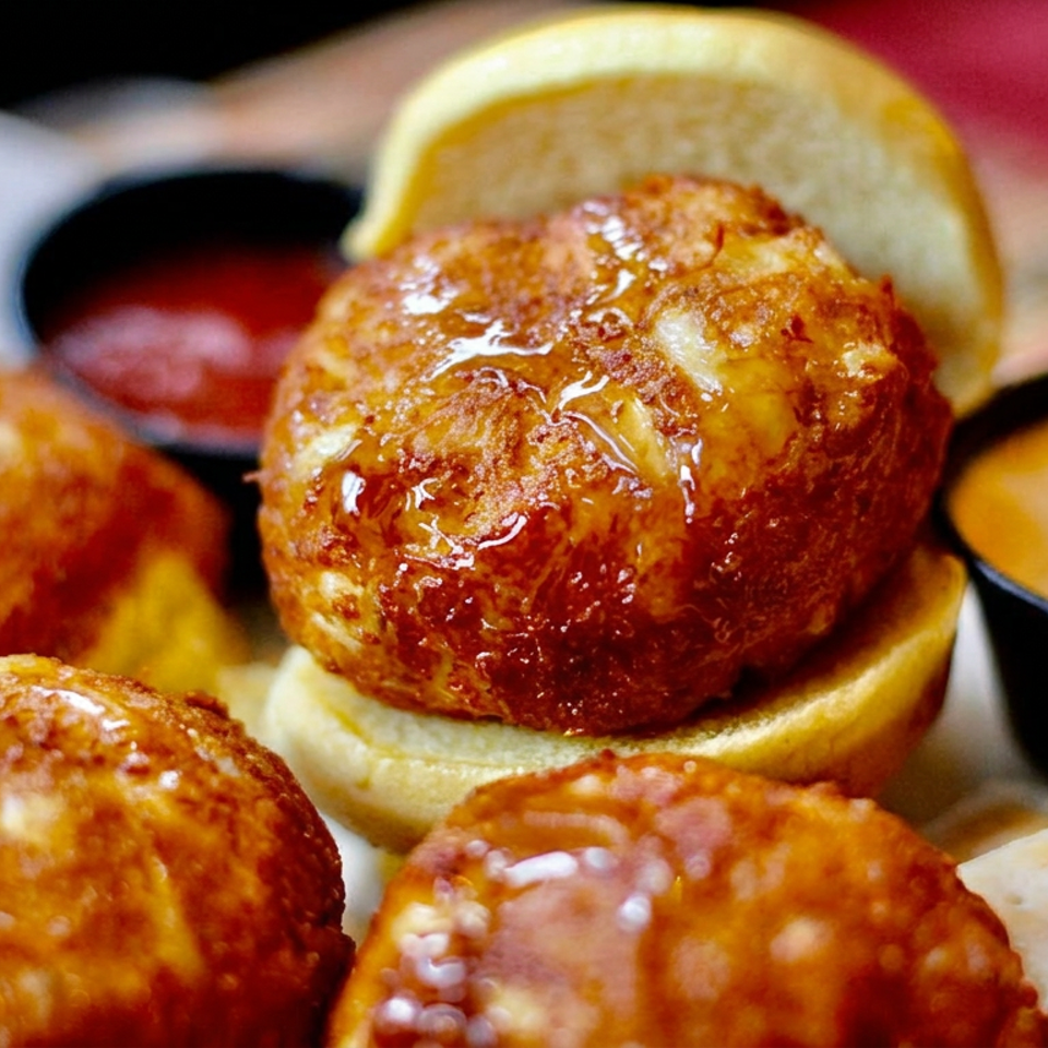 Golden-brown fried bite-sized sandwiches served with dipping sauces and crackers on a restaurant platter.