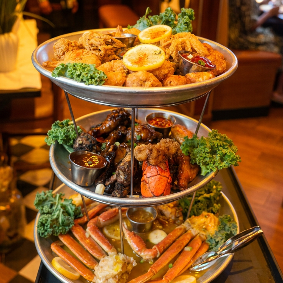 Three-tier seafood tower featuring fried seafood, lobster, crab legs, grilled items, sauces, lemon, and kale garnish in a warmly lit restaurant.