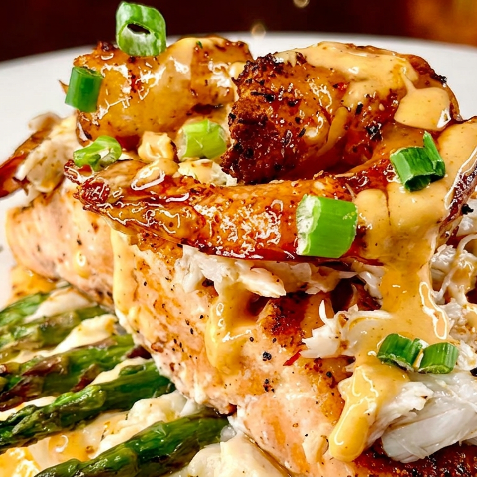 Grilled seafood medley with shrimp, crab, salmon, asparagus, creamy sauce, and green onions on a white plate.