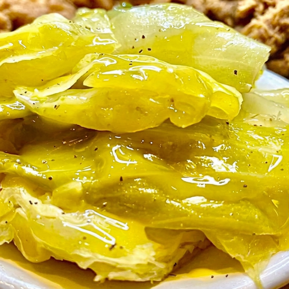 Glazed yellow cabbage leaves piled on a white plate, with fried chicken and greens in the background.
