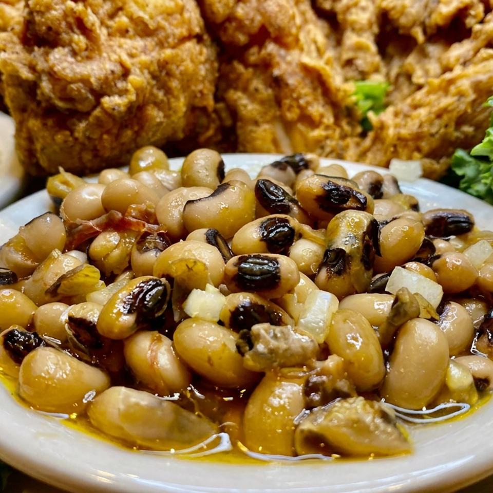 Plate of butter beans with onions and mushrooms, surrounded by lettuce, rice, and crispy fried chicken.