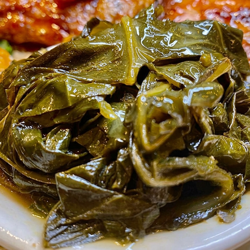 Plate of glossy Southern-style collard greens with macaroni and cheese and glazed barbecue ribs at Carolina Kitchen.