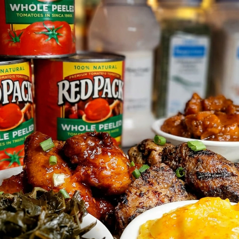 Assorted glazed meatballs, grilled meat, macaroni and cheese, greens, and a cornbread muffin displayed with canned tomatoes.