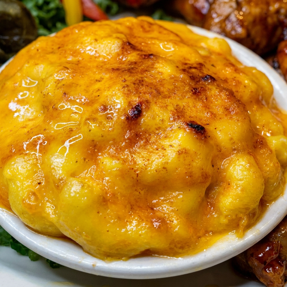 Golden baked macaroni and cheese in a white bowl, surrounded by glazed roasted chicken, greens, and vegetables.