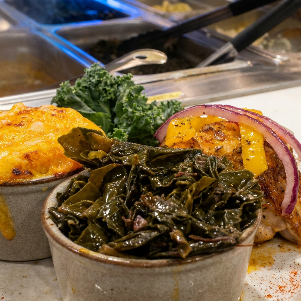 Plate of seasoned grilled chicken with red onions, cheesy baked side, and leafy greens in a restaurant kitchen.