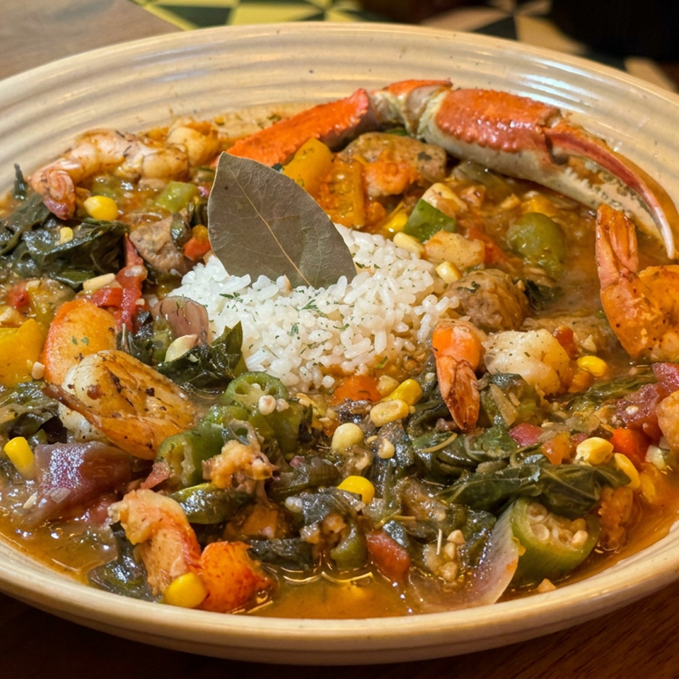 Bowl of seafood stew with shrimp, crab legs, vegetables, and white rice on a wooden table.