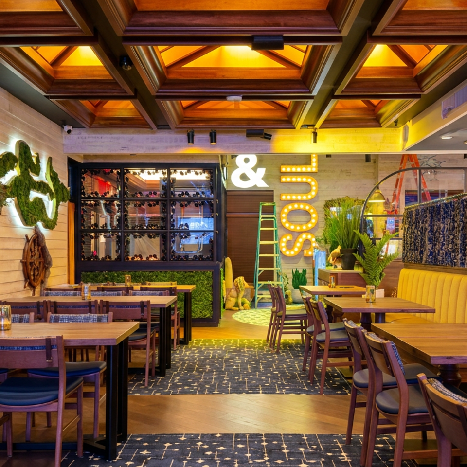Colorful restaurant dining room with wooden tables, yellow booths, nautical wall decor, lush greenery, and illuminated ceiling panels.
