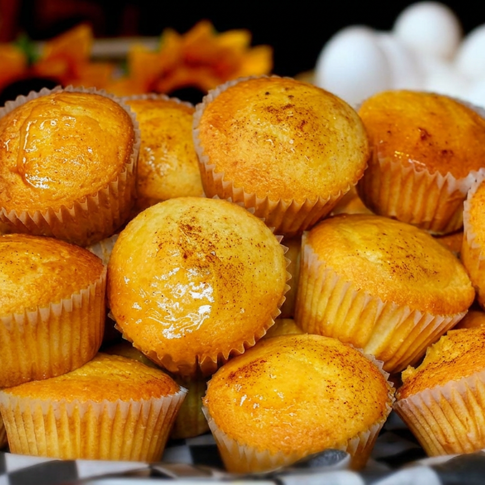 A plate piled with golden muffins in paper liners, set against autumn decorations and white flowers.